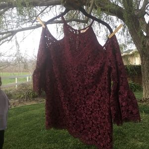Burgundy lace cold shoulder bell sleeve top